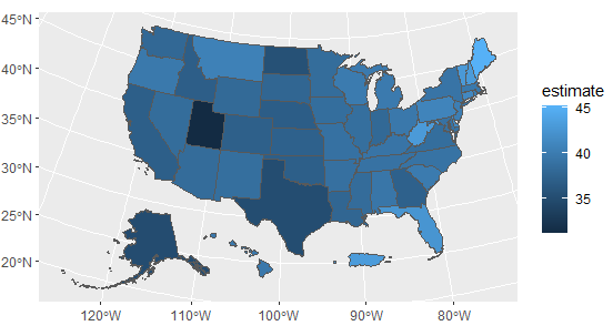 US choropleth map with ggplot2 defaults
