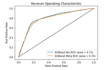 TRue Positive Rate vs False Positive Rate
XGBoost Aki/Meta ROC
