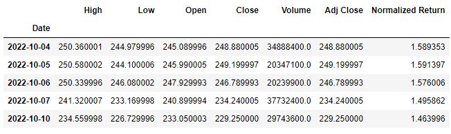 Input MSFT stock data table with normalized returns