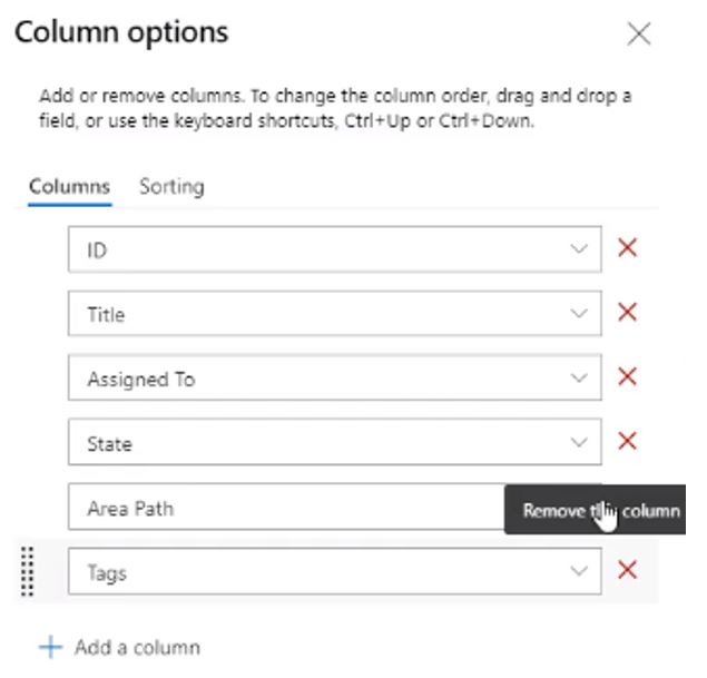 Azure column options