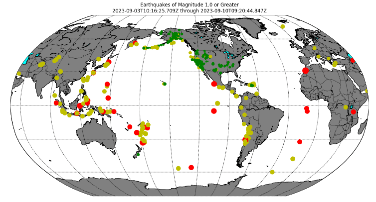 Earthquakes of Magnitude 1.0 or Greater using Basemap