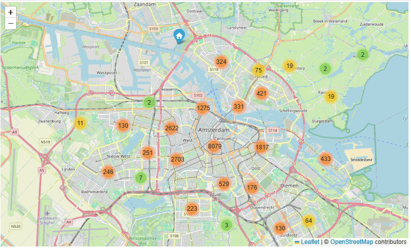 AMS Open Street Location Map: number of listings per neighborhood